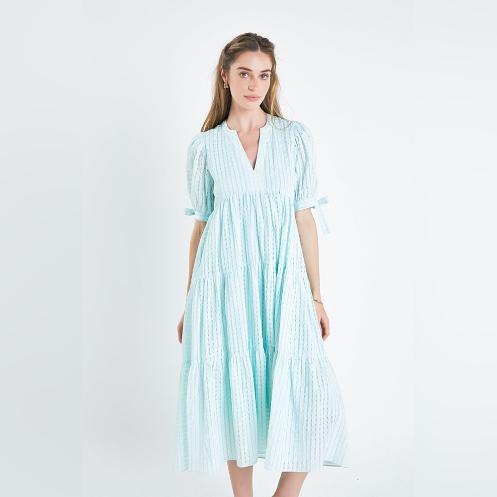 ENGLISH FACTORY GINGHAM TIERED MIDI DRESS Medium NWT Mint color short sleeve